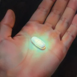 close - up of a glowing pill on the palm of a hand, painting, highly detailed, illustration digital drawing, smooth, sharp focus, realistic. artist wlop