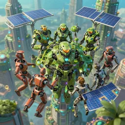 studio ghibli, broken robots, in a flying city, solar, green technology, optimist future by asher durand. intricate artwork by tooth wu and wlop and beeple and dan mumford and greg rutkowski and nekroxiii. halo. octane render, cinematic, hyper realism, octane render, 8 k, depth of field, bokeh. iridescent accents. vibrant
