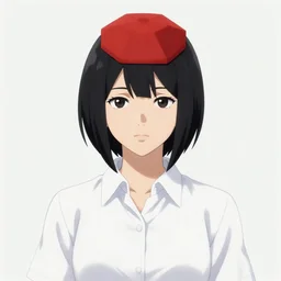 portrait of a female crow tengu journalist with short black hair and a tiny red hexagonal hat, wearing a white shirt and a black and autumn leaf patterned skirt, touhou beautiful and detailed digital art, 4 k hd, ross tran, bo chen, rebecca oborn, michael whelan