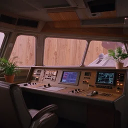 Film still of the bridge of a space ship, large viewscreens, control panels, wood effect, wood panels, pot plants, organic, high end interior, soft orange and purple highlights, neutral light, soft edges, calm feeling, Cinestill colour cinematography, anamorphic