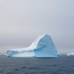 an iceberg in the middle of the ocean, morning fog