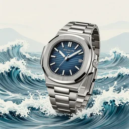 wide shot, big and free background, rule of third. digital art of luxury watch patek philippe nautilus reference number 5 7 1 1 / 1 a - 0 1 0, blue dial, steel bracelet and case. drawn by krenz cushart peter mohrbacher norman rockwell michael cheval gerald brom alphonse mucha beautiful detailed watch, french wave