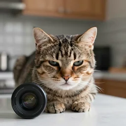 Cat having a very sad face with tired eyes, on kitchen table, 40nm lens, shallow depth of field, split lighting, 4k,