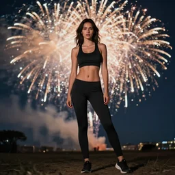 photo of natural strong model, perfect stomach, age 2 8, ( female ), fireworks, full body view, 4 k