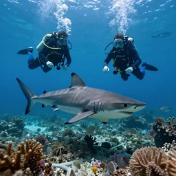 beautiful unimaginable wonderful underwater life under the island, scuba divers fight sharks, cyberpunk, photography, ultrarealism, macro lens