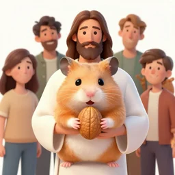 Jesus as a hamster holding a large nut, Alena Aenami, Petros Afshar, Noah Bradley, Anton Fadeev, Anato Finnstark, Steve Henderson, Filip Hodas, Mark Keathley, Thomas Kinkade, Phil Koch, Gilbert Williams, Mike Winkelmann, Beeple