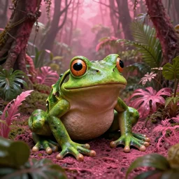 A frog statue buried in a pink forest, full of tropical plants, realistic, digital art, well detailed, Lovecraft, horror, creepy, 8k