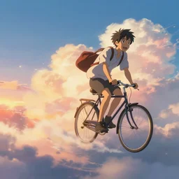 A whimsical painting of a happy man flying in the sky on his bicycle in the clouds, beautiful flowing feeling, sunset, dramatic angle, realistic and detailed, by studio trigger, pixiv dslr photo by Makoto Shinkai rossdraws and Wojtek Fus