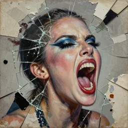 glamorous and screaming divine mind blow, detailed mixed media collage with canvas texture in style of contemporary art, punk art, realism, realistic photo, expressionism, masterpiece, spectacular quality, intricate oil details, broken glass photo, torn paper intricate texture, large cracks, liquid glue spots