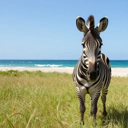 in the distance one zebra is looking at the camera in paradise, sunny, hidden holy grail, photorealistic, masterpiece, award winning landscape photo, hyperdetailed