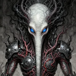 naraka buddhist alien demon korean, thailand art, tubular creature, blood vessels, blue eyes, black energy, dystopian surrealism, zdzisław beksinski, symmetry accurate features, very intricate details, high resolution, symmetrical long head, smooth marble surfaces, detailed ink illustration, robot, metal gear, cinematic smooth stone, deep aesthetic, concept art
