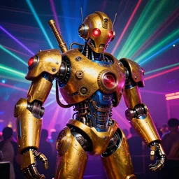 scene is la troya party in amnesia in ibiza, portrait photo of a giant huge golden and blue metal spaced out steampunk robot, with futuristic gears and tubes, eyes are glowing red lightbulbs, shiny crisp finish, 3 d render, 8 k, insaneley detailed, fluorescent colors, haluzinogetic, background is multicolored lasershow