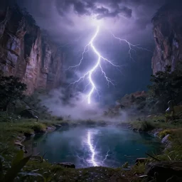 an amazing view of a little pond in front of a wall, etheric lightning, matte painting, swirls of smoke and mist, high definition camera, hdri