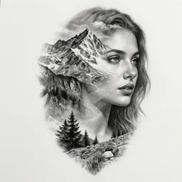 tattoo design sketch of a beautiful mountain scenery with a faded beautiful woman face, hyper - realistic, double exposure effect, in the style of matteo pasqualin, amazing detail, black and white, faded