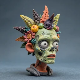 portrait headshot of a zombie punk, head made of fruit gems and flowers in the style of arcimboldo, john currin, photorealistic, dynamic lighting, action figure, clay sculpture, claymation, dull blue cloudy background