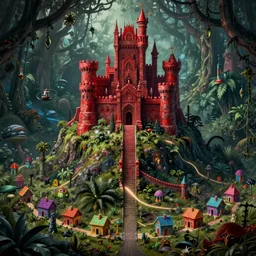 infographic map of a beautiful foreboding scary Hyperrealistic royal castle made of red stones on top of a hill in the middle of a dark and creepy jungle, with little rainbow colorful houses in the bottom valley, macro lens, highly detailed, digital painting, trending artstation, concept art, illustration, cinematic lighting, vibrant colors, photorealism, epic, octane render