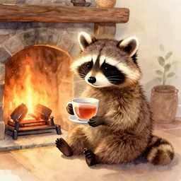 little raccoon sitting by a cozy fireplace with a cup of tea. warm color temperature. watercolor,