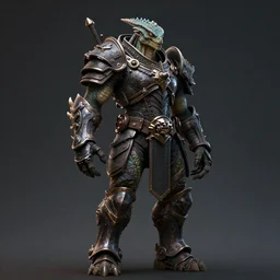 3d reptilian humanoid warrior armored, 8K, character design, concept art, DSLR, filmic, HDR, trending artstation, Unreal Engine 5, cry engine, volumetric lighting, Dark art