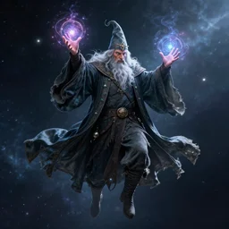 a wizard wielding magical powers while floating in space, realistic, detailed,