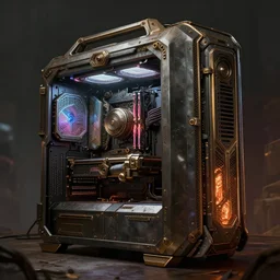 steampunk gaming computer, powerful, dramatic lighting, intricate, wild, highly detailed, digital painting, cinematic, artstation, concept art, sharp edges and focus, illustration, design