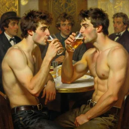 attractive muscular mike and muscular attractive ty, drinking their hearts out, boys night out. highly detailed painting by gaston bussiere, craig mullins, j. c. leyendecker, alphonse mucha 8 k