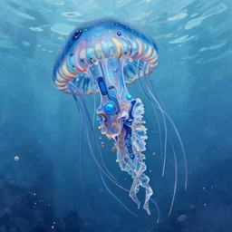 hyper detailed painting of a cyberpunk jellyfish, blue tones, underwater, 8 mm, highly detailed, digital painting, artstation, concept art, smooth, sharp focus, illustration, art by artgerm and greg rutkowski and alphonse mucha