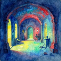 ONE POINT PERSPECTIVE DUNGEON hassium ROOM, painted by dan mumford and Edward Gorey and Moebius and Greg Rutkowski and Paul Wenzel and George Barr and Stephen Youll,trending on artstation, iridescent cool blue and cyan and red and blue and yellow and green lighting front view futuresynth , outrun , vibrant colors, Sabattier filter , Watercolor