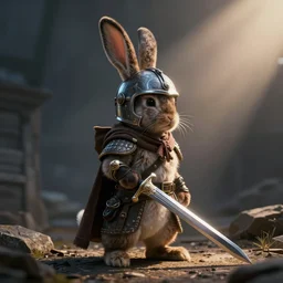 bunny with helmet and sword, dramatic lighting cinematic establishing shot extremely high detail foto realistic cinematic lighting post processed