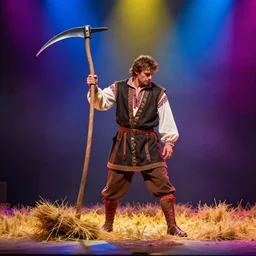 full body, on stage, concept art, man with scythe, mowing of the hay, traditional romanian clothing, dramatic lighting, beautiful, volumetric lighting, colorful, octane render h 7 6 8