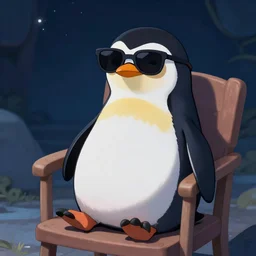 A penguin wearing sunglasses while sitting on a chair at night, trending on artstation, digital art, high details