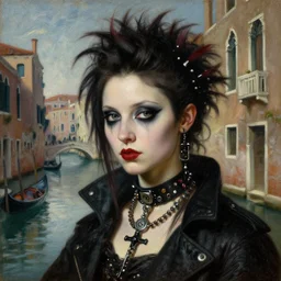 close up portrait of a punk goth girl in a cyberpunk venezia, oil painting by canaletto hieronymus bosch leonardo da vinci