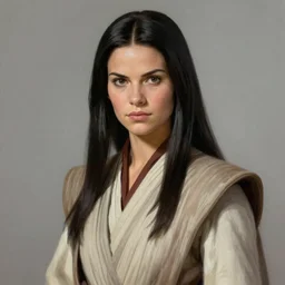 portrait of a woman by greg rutkowski, she resembles female anakin, tall and slender, straight black hair, she is about 2 0 years old, attractive, wearing jedi robes, star wars expanded universe, highly detailed portrait, digital painting, artstation, concept art, smooth, sharp foccus ilustration, artstation hq