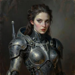 portrait of beautiful gothic and futuristic woman, space armour, cyber armour, highly detailed, artstation, illustration, composition, 8 k quality, art by jean delville, rene magritte, hyperrealism oil painting