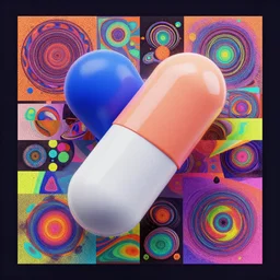 a pill capsule, psychedelic, graphic design, collage, digital art, 3 d render
