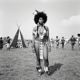 very old 1 4 0 0 s photo of beautiful young black woman with afro with feathers in hair, tee pee in the background, wearing native american clothing, hyper realism, wide angle lens, photo real, black and white, jose vagara, photographed by thomas easterly, full body in frame,,
