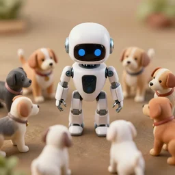 a robot surrounded by puppies, miniature, trending on artstation, hdr