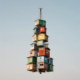 a suspending tower made up of colourful makeshift squatter shacks, mamiya, 8 5 mm, f 1. 7, uniform plain sky, photographed by julie blackmon and tim walker