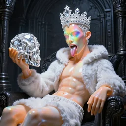 photo of baroque and bladerunner delicate neon diamond sculpture of ceramic albino king marlon teixeira seductive delicious tongue out, creamy orange iridescent humanoid deity wearing white fluffy hoody holding diamond skull in a black metallic dungeon, reclining, glowing rainbow face, crown of white diamonds, cinematic lighting, photorealistic, octane render 8 k depth of field 3 d