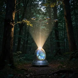 teleportation machine in a dark forest, light shining from the machine and illuminating the trees, style of moonstone