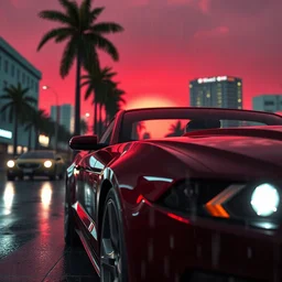 still next - gen ps 5 game grand theft auto 6 2 0 2 4 remaster, graphics mods, rain, red sunset, people, rtx reflections, gta vi, miami, palms and miami buildings, photorealistic screenshot, unreal engine, 4 k, 5 0 mm bokeh, close - up ford mustang, gta vice city remastered, artstation