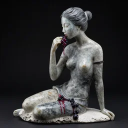 sculpture of an woman eating berries, made from obsidian and and pumice and japanese glazed pottery and glass, sensual, berry juice dripping, black background, zen,