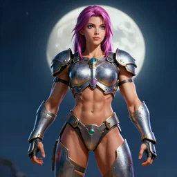muscular full armored girl by daniel gerhartz, colorfull, good shading, perfect lights, moonlight background, trending on art station