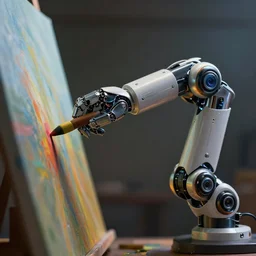 an award winning concept art of a robot arm paiting a picture, shallow depth of field, dramatic lighting, 4 k, maximalism, hyper detailed, prefection, trending on artstation, digital paiting, octane render, unreal engine