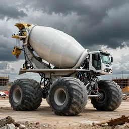 monster truck cement mixer construction vehicle with tank turret and crane in front of a road construction site, dystopian, imax, dramatic clouds