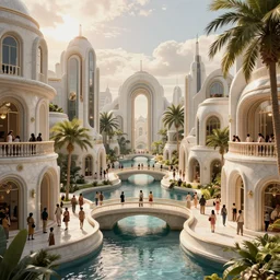 futuristic utopian paradise, canals, bridges, white marble buildings, tropical, palm trees, crowds of people, by hertha hurnaus, photography, cinematic lighting, detailed sharp focus, raytracing, global illumination, octane render, pinterest