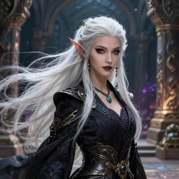 portrait of a stunning exotic fantasy dark elf female sorcerer with long white hair flowing in the wind at the location of ancient ruins filled with magic, highly detailed, digital painting, artstation, smooth, sharp focus, illustration, art by artgerm and greg rutkowski and alphonse mucha