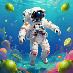 a digital painting of a skeleton astronaut!!!!!! floating in a bright colorful alien ocean surrounded by limes!!!!!!, sharp focus, retro futuristic by todd schorr