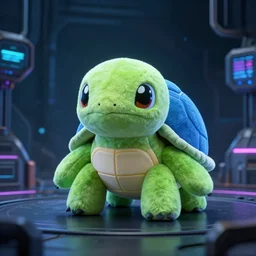 cute turtle plushie in cyberspace, in 2 0 5 5, y 2 k cybercore, industrial low - light photography, still from a ridley scott movie