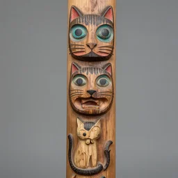 “wooden totem pole of cats”