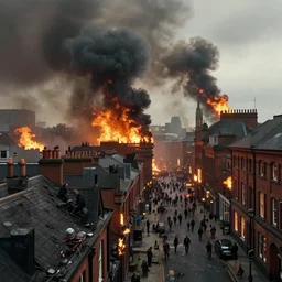 movie scene of manchester under siege, fire, ashes and smoke columns, people on the roofs, zombies in the streets, hyperdetailed, artstation, cgsociety, 8 k